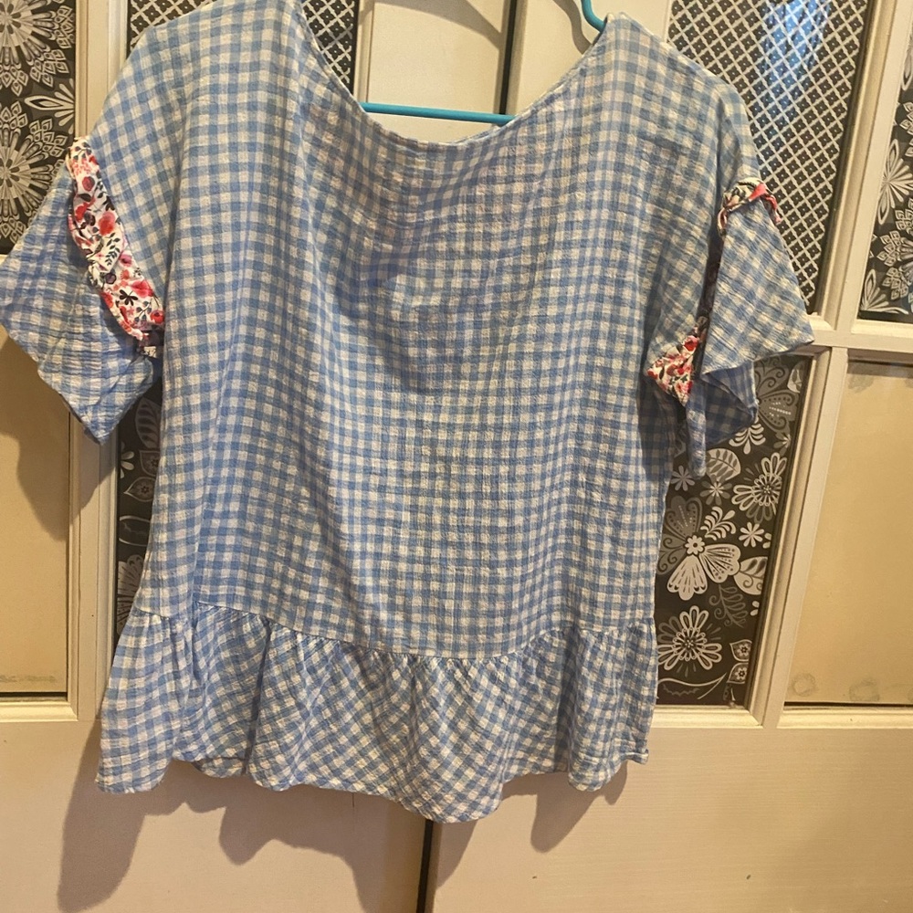 Blue Gingham Matilda Jane Blouse with Floral Accents